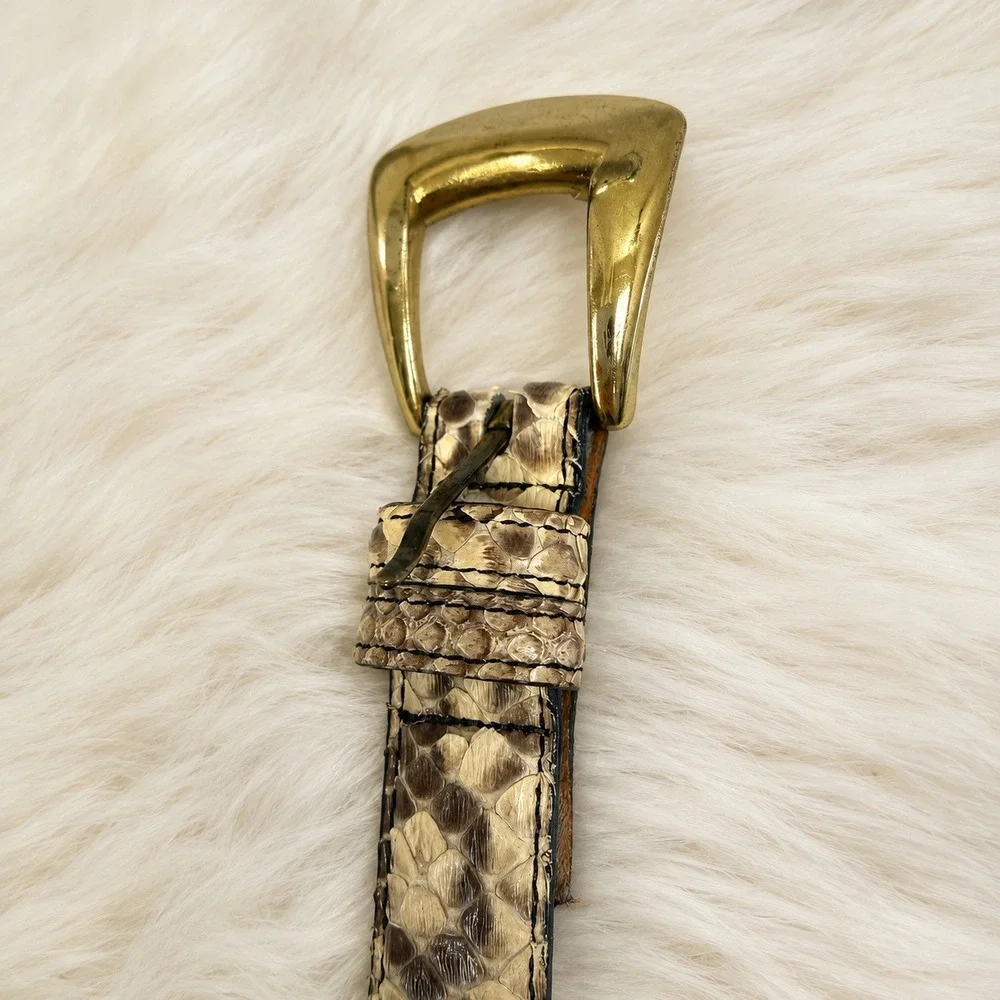 Joan David Vintage Python Snakeskin Leather Belt Brass Reversible Small Indie